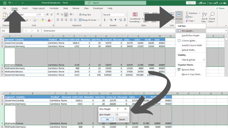 Change Row Height From Formant Menu In Excel