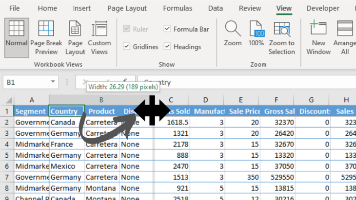 Drag and Resize Column In Excel