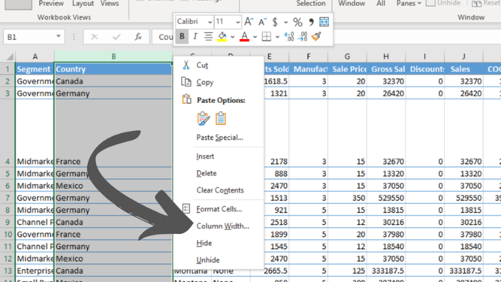 How to change column width using context menu
