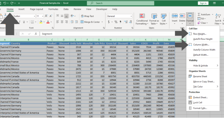 Use format menu to resize all rows and columns